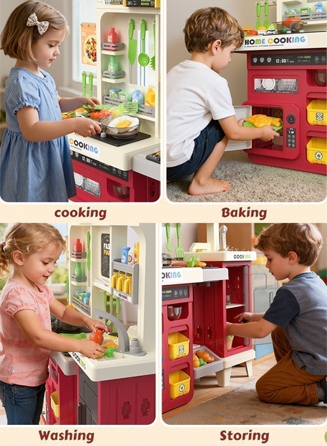 Bozhi 68 PCS Kids Kitchen Playset,Toddler Kitchen Playset for Toddlers 3+ Years, 32.2IN Play Kitchen with Spraying, Light Sound, Cooking Stove, Play Sink, Oven and Toy Kitchen Accessories (Red) - Image 5