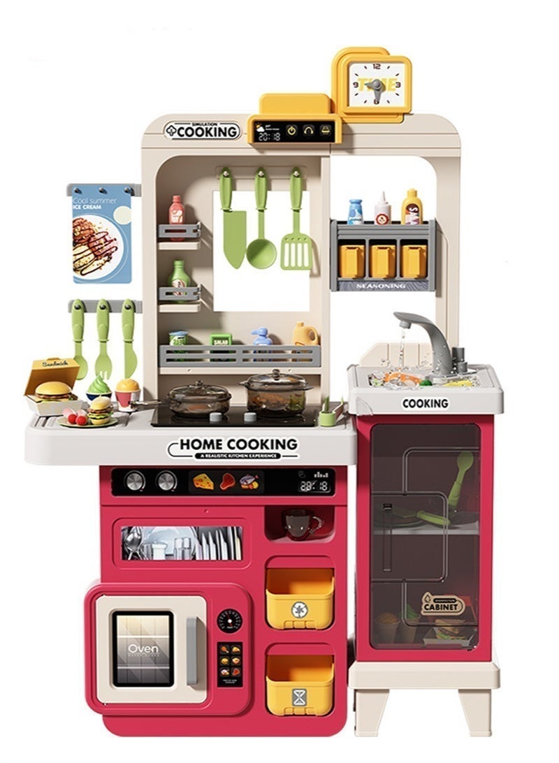 Bozhi 68 PCS Kids Kitchen Playset,Toddler Kitchen Playset for Toddlers 3+ Years, 32.2IN Play Kitchen with Spraying, Light Sound, Cooking Stove, Play Sink, Oven and Toy Kitchen Accessories (Red) - Image 2