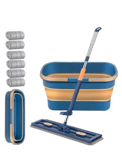 XiuWoo Streamline Mop, Large Flat Mop with Bucket, Adjustable 360 Rotating Dust Mop Hand-Wash Free, Large Flat Mop with 6 Microfiber Pads for Wet and Dry Use, Blue  - Image 1