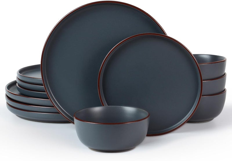 Famiware Mercury Plates and Bowls Sets 12 Pieces Stoneware Dinnerware Sets Dishes Set for 4 Microwave and Dishwasher Safe Charcoal - Image 1