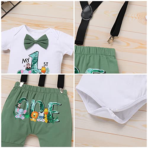 ODASDO Wild One Birthday Outfit Boy Baby First 1st Birthday Cake Smash One Year Old Jungle Safari Theme Party Photo Shooting Woodland Zoo Animal Print Romper Shorts Suspenders Crown Hat Bean Green 6-12M - Image 5