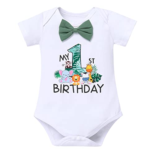 ODASDO Wild One Birthday Outfit Boy Baby First 1st Birthday Cake Smash One Year Old Jungle Safari Theme Party Photo Shooting Woodland Zoo Animal Print Romper Shorts Suspenders Crown Hat Bean Green 6-12M - Image 2