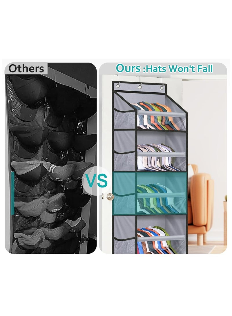 SOLARAE 7 Tier Hat Rack for Baseball Caps, Over Door Baseball Hat Organizer Hold 80 Hat Storage for Closet/Wall with 14 Side Mesh Pockets Cap Holder (Gray) - Image 2
