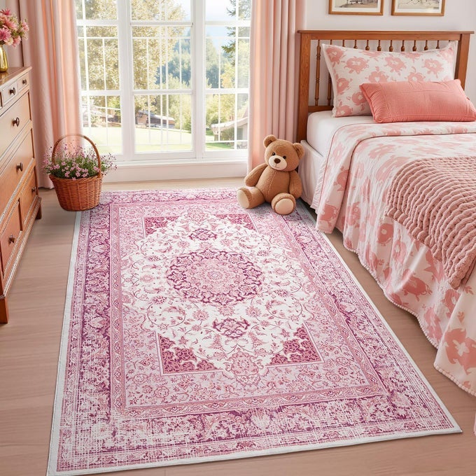 BRIGHT PINK AREA RUG FOR GIRLS BEDROOM 4X6 MACHINE WASHABLE RUGS WITH NONSLIP BACKING FOR LIVING ROOM CUTE VINTAGE CARPET FOR KITCHEN LAUNDRY KIDS ROOM