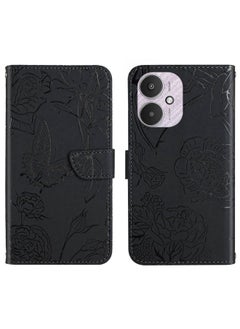 HuHa Case Cover For Xiaomi Redmi 13C 5G Skin Feel Butterfly Embossed Flip Leather Phone Case Black 