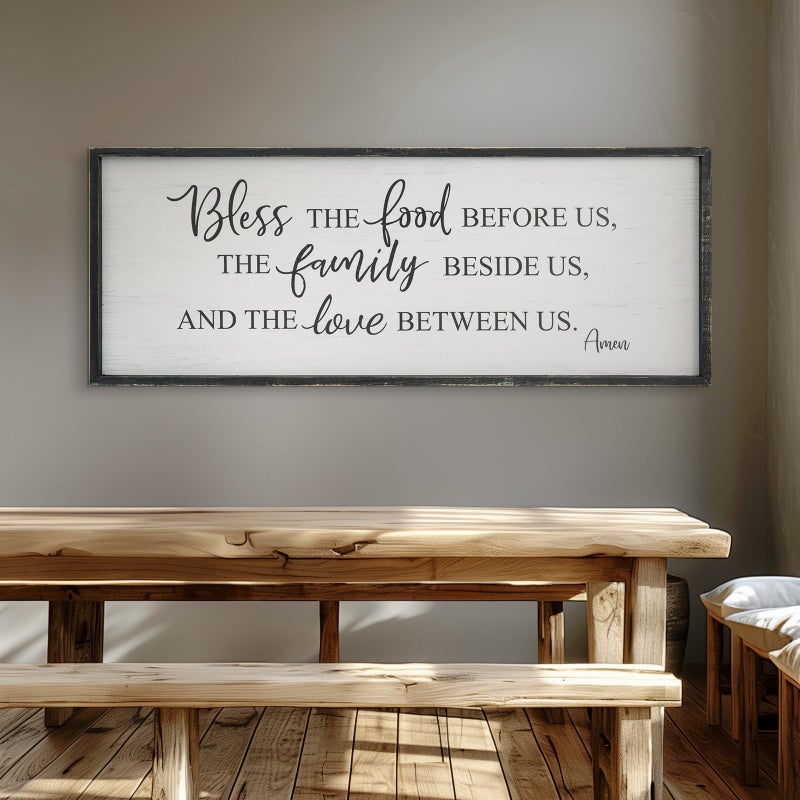 Easozoom Bless The Food Before Us Home Decor Wall Sign For Family Kitchen Farmhouse Dining Room Vintage Rustic Retro Boho Wood House Wall Art Decoration For Living Room Bedroom 40 x 15 Inch black - Image 1