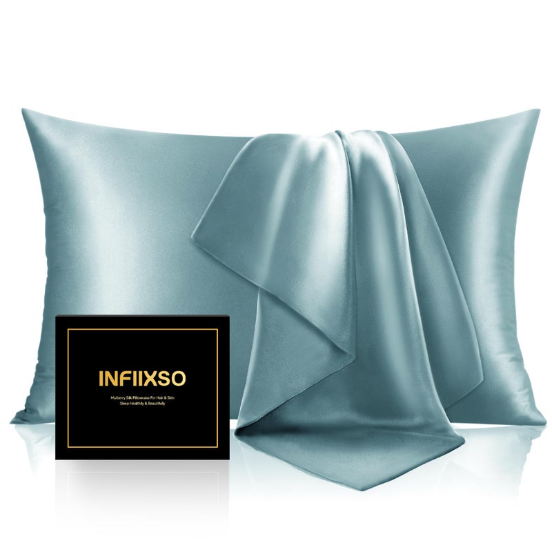 INFIIXSO Mulberry Silk Pillowcase for Hair and Skin  Silk Pillow Cases King Size with Hidden Zipper 20x40 Inches  Super Smooth and Soft Cooling Pillow Cases for Hot Sleepers(Haze Blue  1 Pack) - Image 1