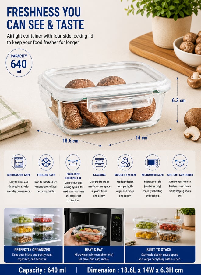LocknLock Stackable Tempered Glass Rectangular Food Container 640ml , Airtight with 4-Side Locking Lid, Microwave, Freezer & Dishwasher Safe, Stackable Glass Storage for Meal Prep & Leftovers - Image 2