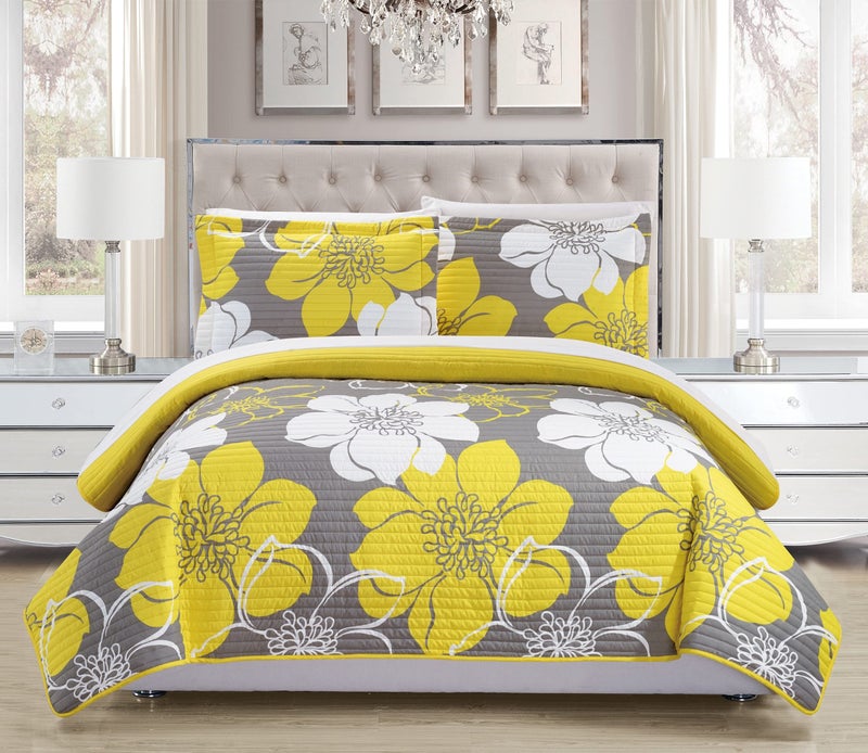 Chic Home - QS1768-AN 3 Piece Woodside Abstract Large Scale Floral Printed with 2 Shams Quilt Set, Queen, Yellow - Image 1