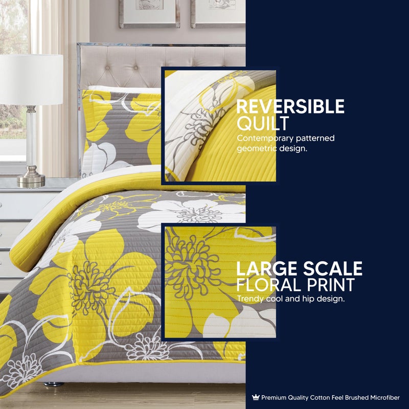 Chic Home - QS1768-AN 3 Piece Woodside Abstract Large Scale Floral Printed with 2 Shams Quilt Set, Queen, Yellow - Image 3