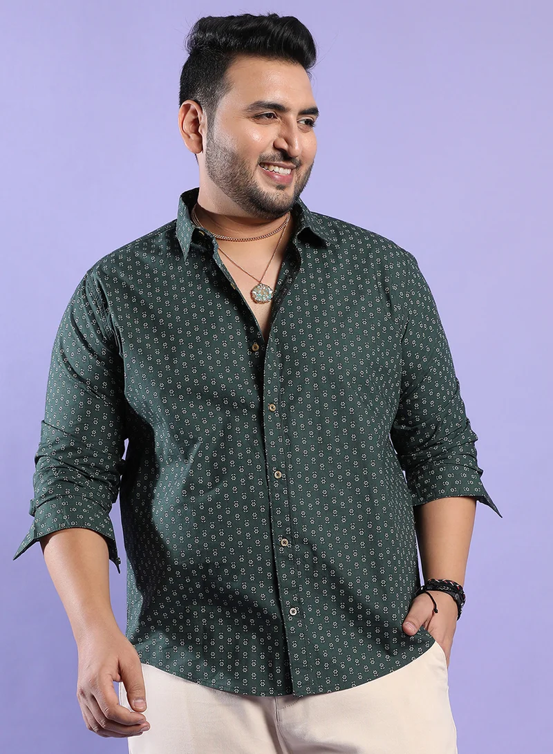 انستافاب بلس Instafab Plus Men's Forest Green Micro Flower Shirt For Casual Wear | Spread Collar | Short Sleeve | Button Closure | Heavy Rayon Shirt Crafted With Comfort Fit For Everyday Wear