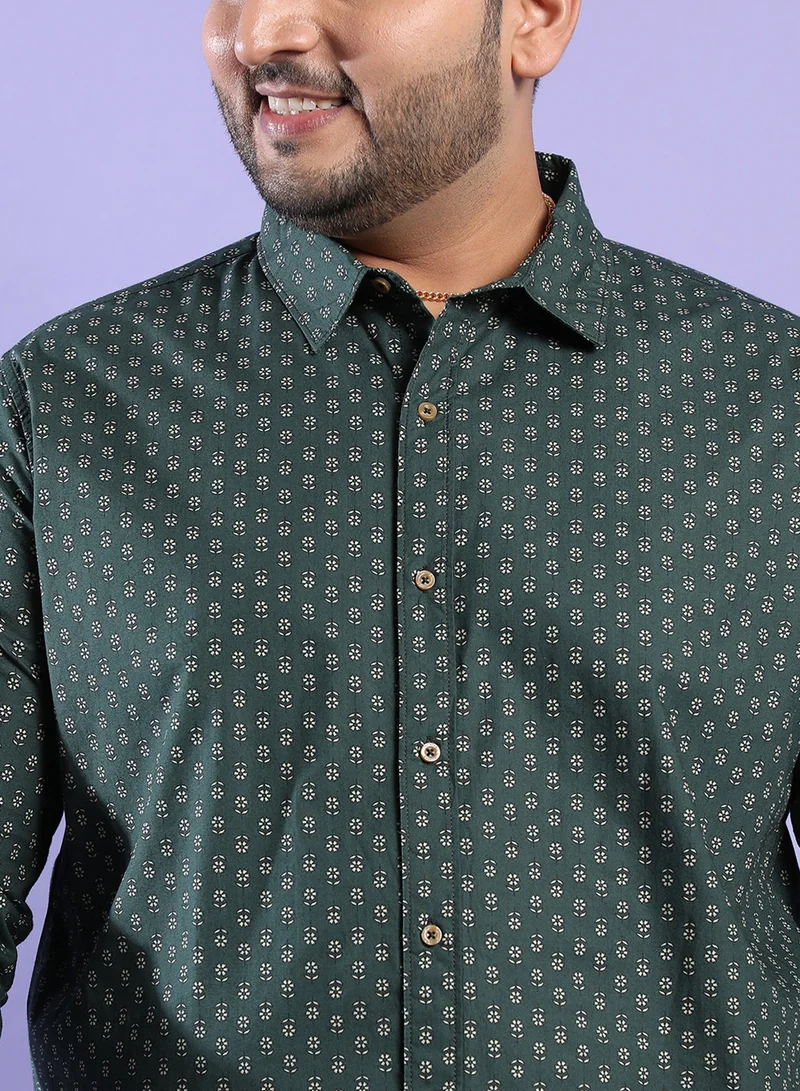 انستافاب بلس Instafab Plus Men's Forest Green Micro Flower Shirt For Casual Wear | Spread Collar | Short Sleeve | Button Closure | Heavy Rayon Shirt Crafted With Comfort Fit For Everyday Wear