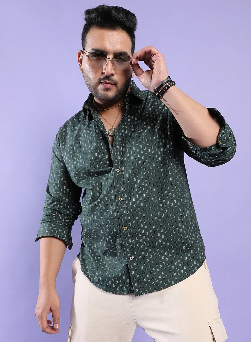 انستافاب بلس Instafab Plus Men's Forest Green Micro Flower Shirt For Casual Wear | Spread Collar | Short Sleeve | Button Closure | Heavy Rayon Shirt Crafted With Comfort Fit For Everyday Wear