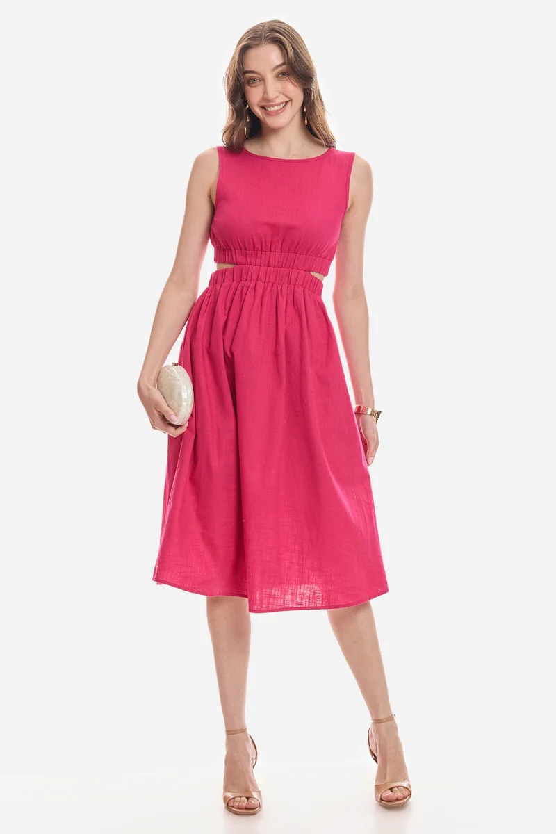 فيرجيو Solid Cotton Waist Cut Out Midi Dress for Women