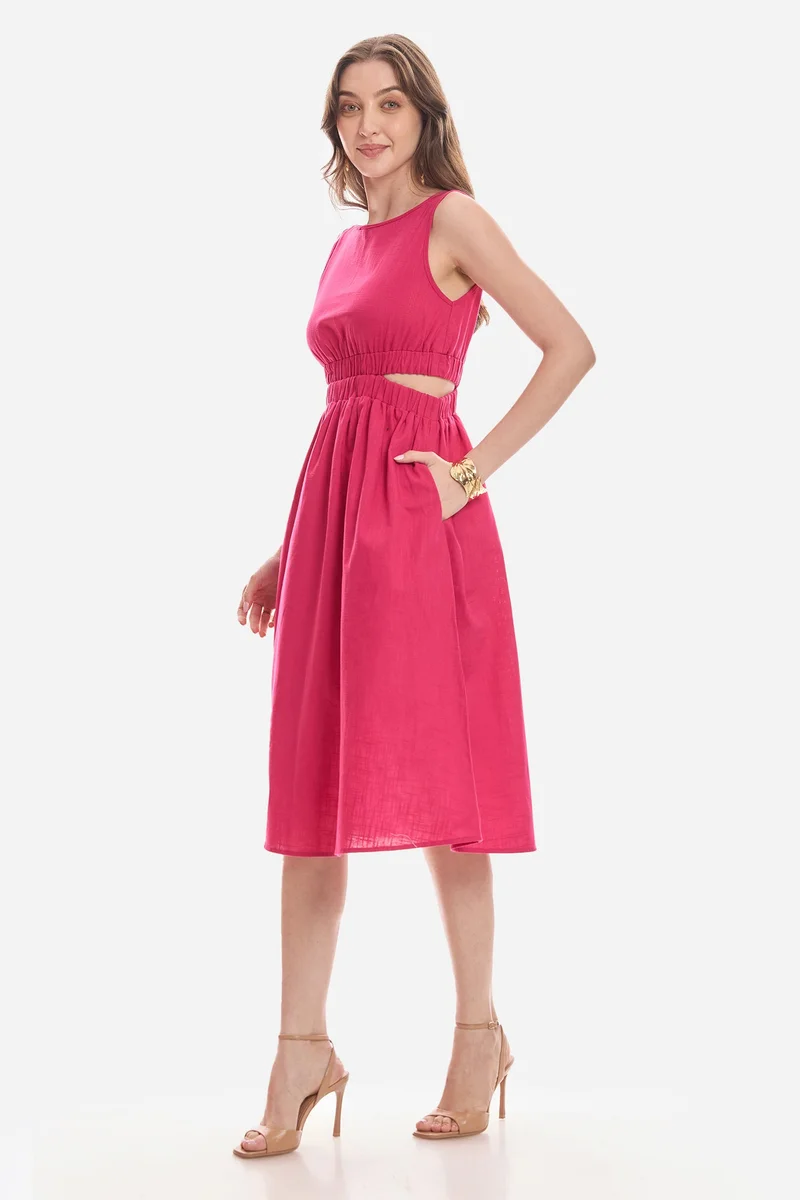 Virgio  Solid Cotton Waist Cut Out Midi Dress for Women for Women | Best Price UAE