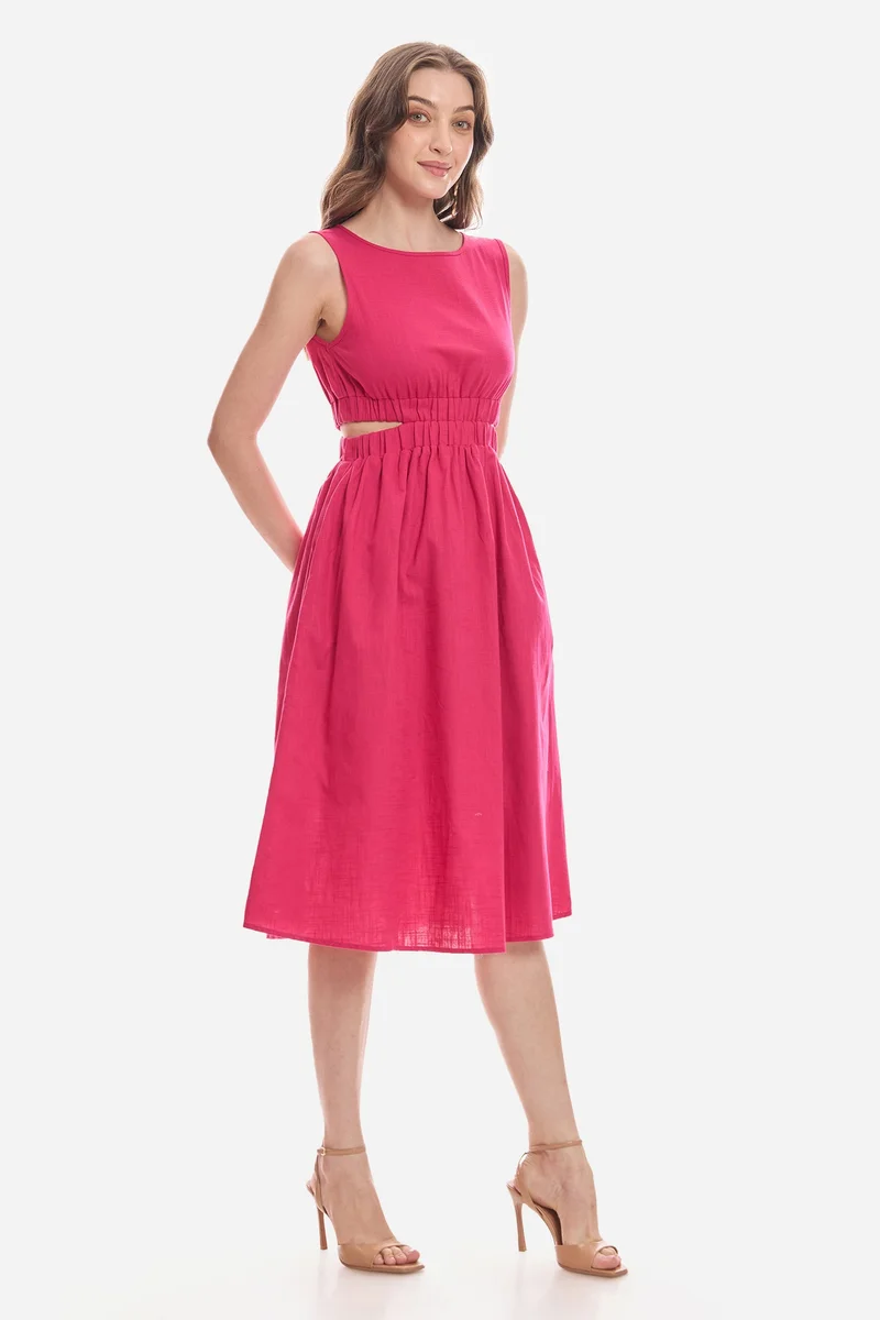 Virgio  Solid Cotton Waist Cut Out Midi Dress for Women for Women | Best Price UAE