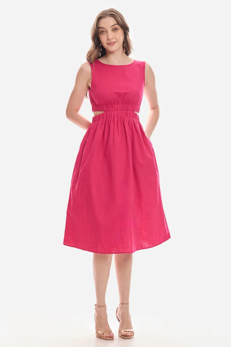 فيرجيو Solid Cotton Waist Cut Out Midi Dress for Women