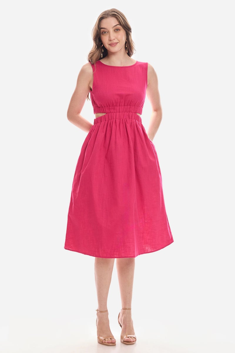 Virgio Solid Cotton Waist Cut Out Midi Dress for Women - Image 2