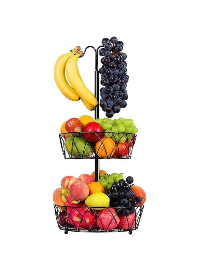 بيوينتي اوعية فواكه، سلة فواكه من طبقتين، حامل وعاء الفواكه والخضروات يوضع على سطح الطاولة مع شماعة موز، سلال تخزين سلكية معدنية قابلة للفصل لطاولة المطبخ، اسود - Image 1