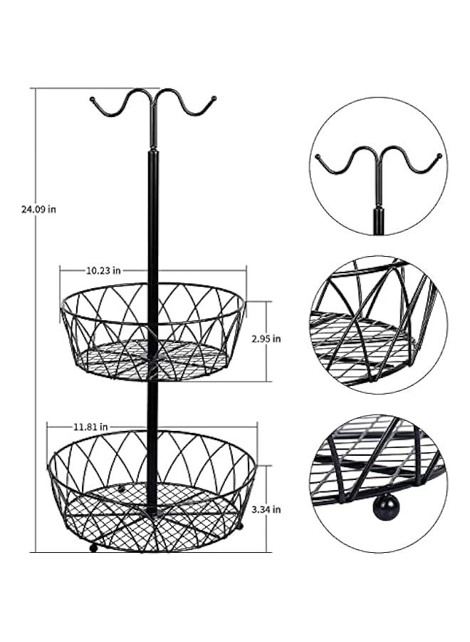 بيوينتي اوعية فواكه، سلة فواكه من طبقتين، حامل وعاء الفواكه والخضروات يوضع على سطح الطاولة مع شماعة موز، سلال تخزين سلكية معدنية قابلة للفصل لطاولة المطبخ، اسود - Image 4