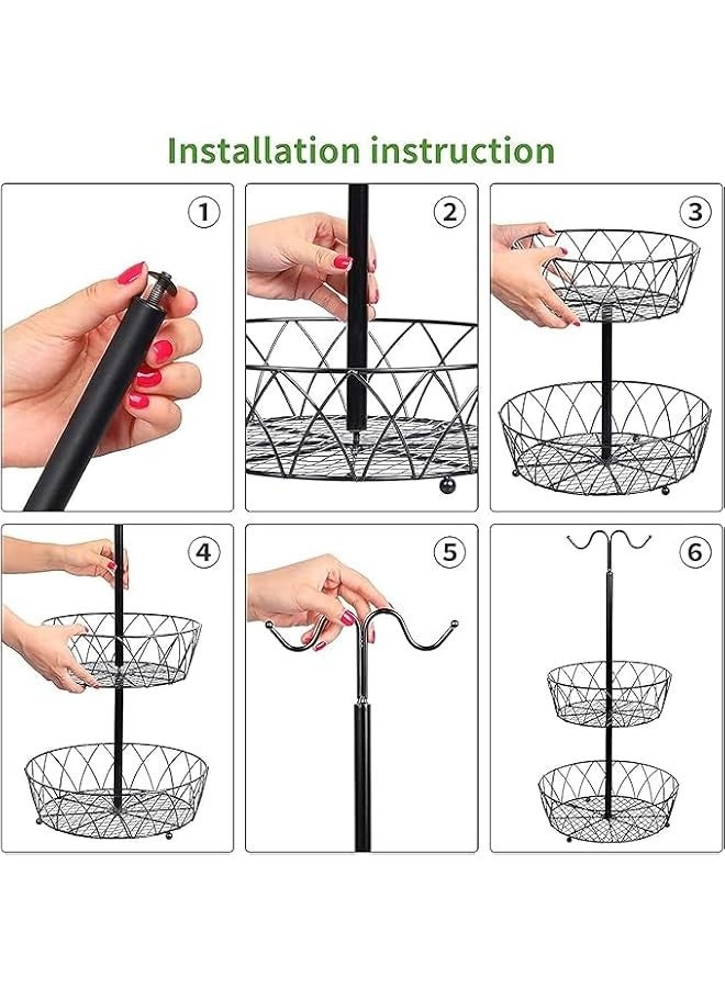 بيوينتي اوعية فواكه، سلة فواكه من طبقتين، حامل وعاء الفواكه والخضروات يوضع على سطح الطاولة مع شماعة موز، سلال تخزين سلكية معدنية قابلة للفصل لطاولة المطبخ، اسود - Image 5