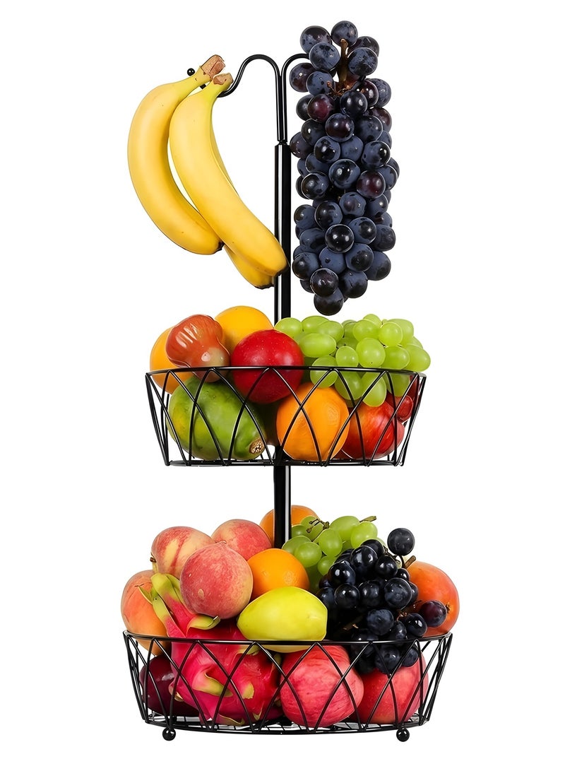بيوينتي اوعية فواكه، سلة فواكه من طبقتين، حامل وعاء الفواكه والخضروات يوضع على سطح الطاولة مع شماعة موز، سلال تخزين سلكية معدنية قابلة للفصل لطاولة المطبخ، اسود - Image 1