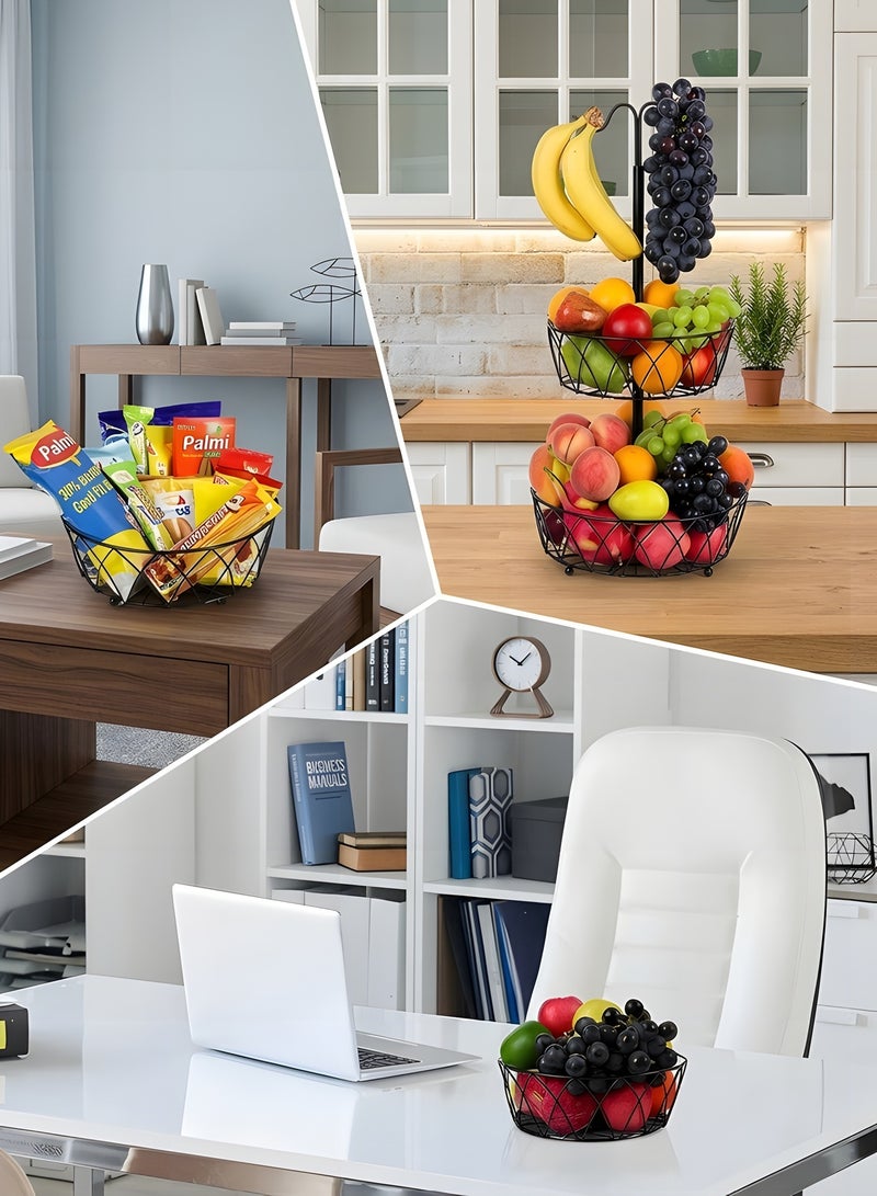 بيوينتي اوعية فواكه، سلة فواكه من طبقتين، حامل وعاء الفواكه والخضروات يوضع على سطح الطاولة مع شماعة موز، سلال تخزين سلكية معدنية قابلة للفصل لطاولة المطبخ، اسود - Image 2