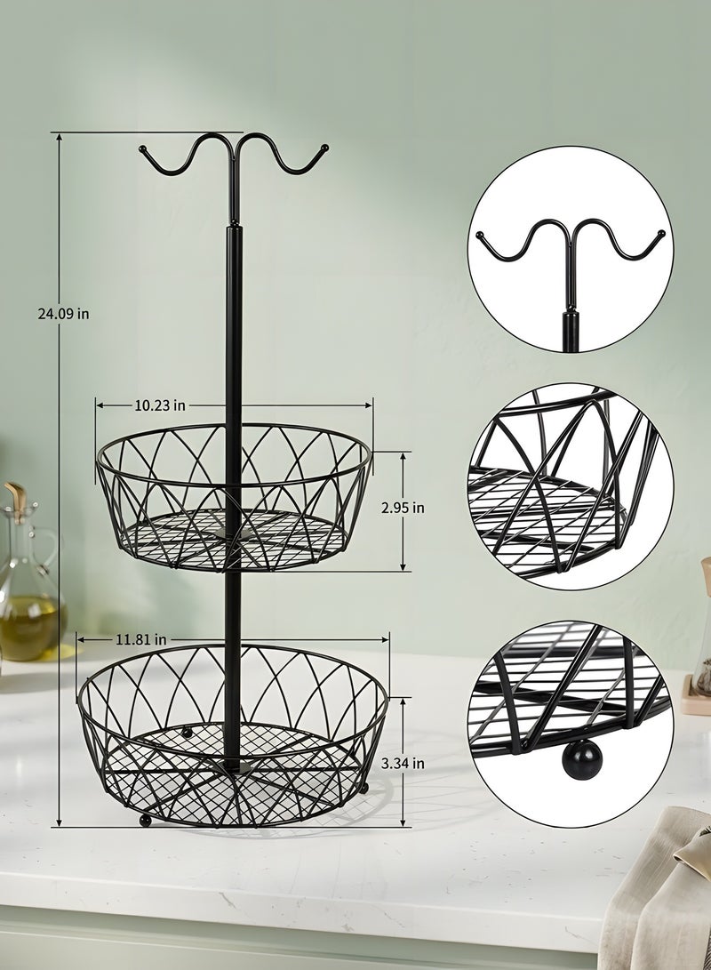 بيوينتي اوعية فواكه، سلة فواكه من طبقتين، حامل وعاء الفواكه والخضروات يوضع على سطح الطاولة مع شماعة موز، سلال تخزين سلكية معدنية قابلة للفصل لطاولة المطبخ، اسود - Image 3