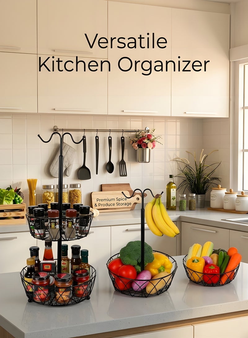 بيوينتي اوعية فواكه، سلة فواكه من طبقتين، حامل وعاء الفواكه والخضروات يوضع على سطح الطاولة مع شماعة موز، سلال تخزين سلكية معدنية قابلة للفصل لطاولة المطبخ، اسود - Image 5