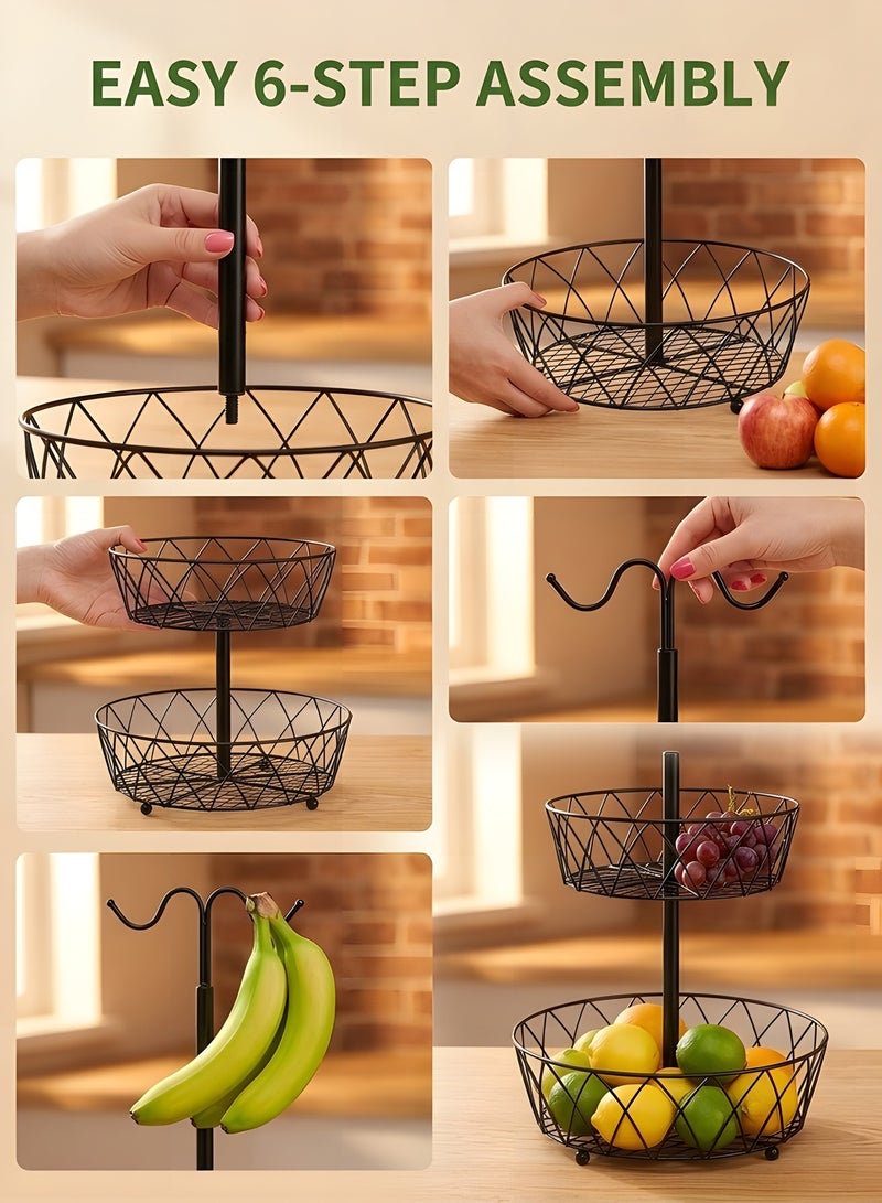 بيوينتي اوعية فواكه، سلة فواكه من طبقتين، حامل وعاء الفواكه والخضروات يوضع على سطح الطاولة مع شماعة موز، سلال تخزين سلكية معدنية قابلة للفصل لطاولة المطبخ، اسود - Image 4