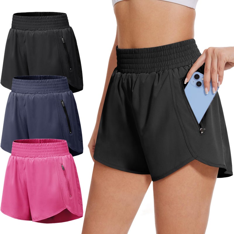 BALENNZ Women's 3 Pack Athletic Workout Shorts with Zipper Pockets Activewear Elastic Waist Gym Running Shorts,Medium - Image 1