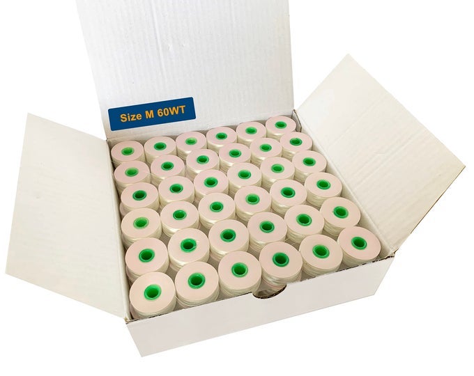 144 WHITE PREWOUND BOBBINS SIZE M 1 X 0385 MEDIUM WEIGHT60WT CARDBOARD SIDED FOR USE WITH MID LARGE SIZED COMMERCIAL SEWING MACHINES AND LONGARM QUILTING MACHINES