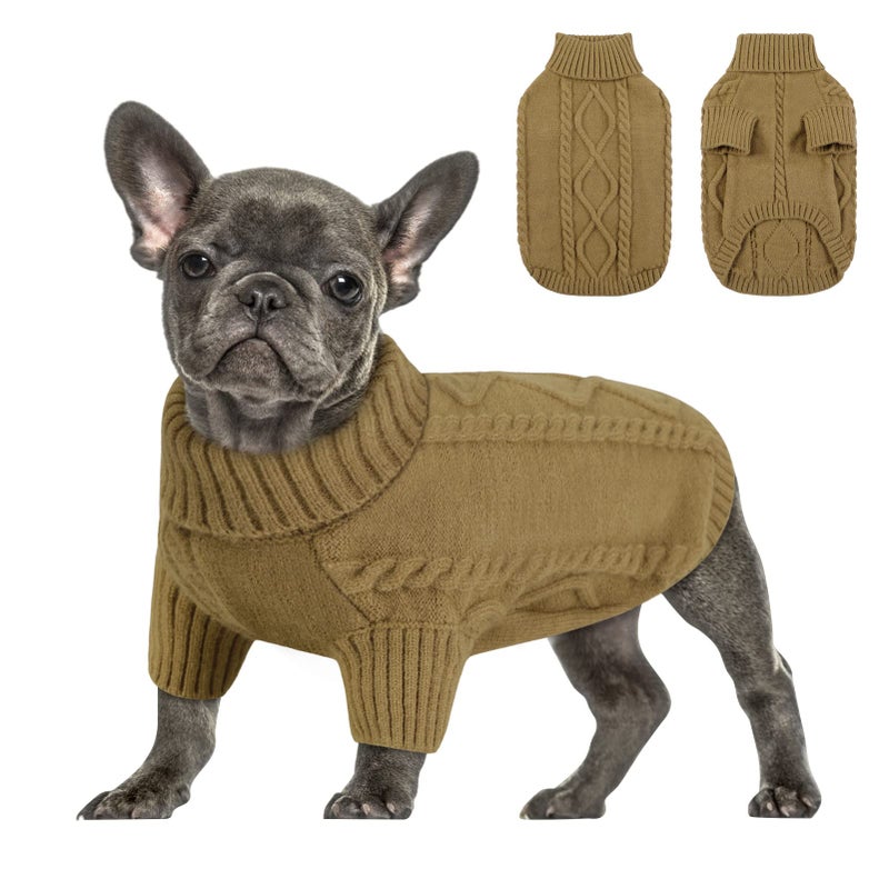 Queenmore Small Dog Pullover Sweater, Cold Weather Cable Knitwear, Classic Turtleneck Thick Warm Clothes for Chihuahua, Bulldog, Dachshund, Pug (Light Brown, Small) - Image 1