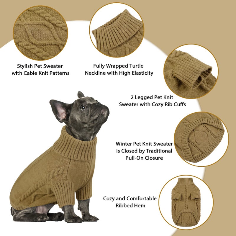 Queenmore Small Dog Pullover Sweater, Cold Weather Cable Knitwear, Classic Turtleneck Thick Warm Clothes for Chihuahua, Bulldog, Dachshund, Pug (Light Brown, Small) - Image 2