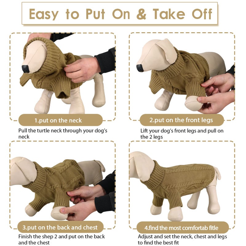Queenmore Small Dog Pullover Sweater, Cold Weather Cable Knitwear, Classic Turtleneck Thick Warm Clothes for Chihuahua, Bulldog, Dachshund, Pug (Light Brown, Small) - Image 5