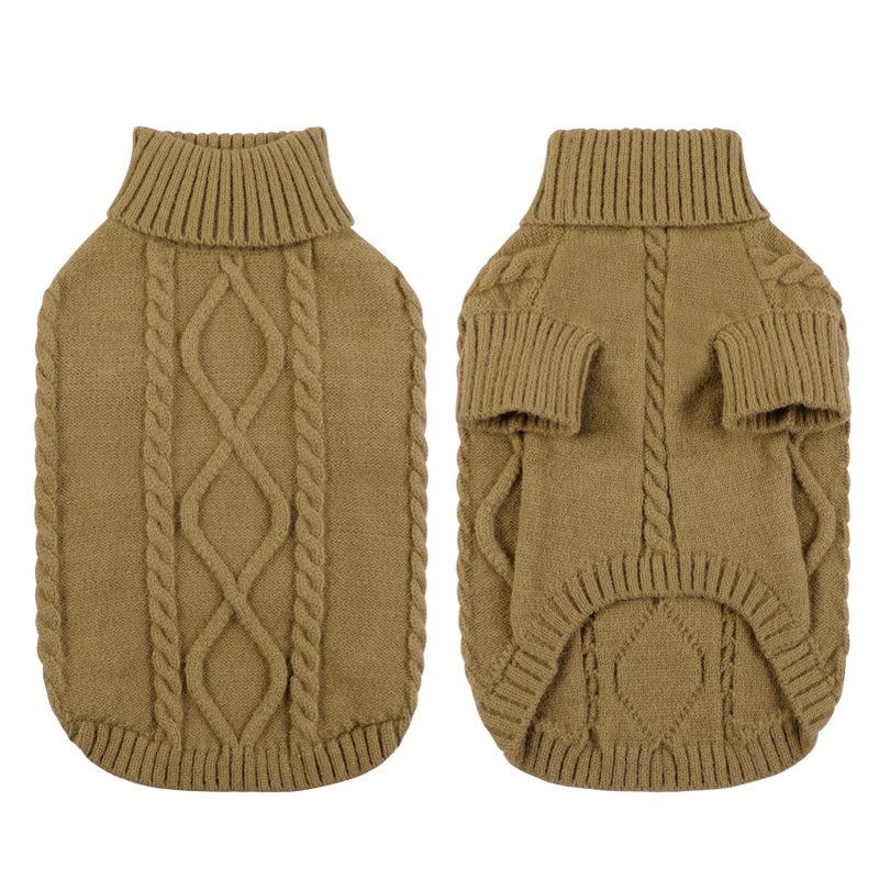 Queenmore Small Dog Pullover Sweater, Cold Weather Cable Knitwear, Classic Turtleneck Thick Warm Clothes for Chihuahua, Bulldog, Dachshund, Pug (Light Brown, Small) - Image 3