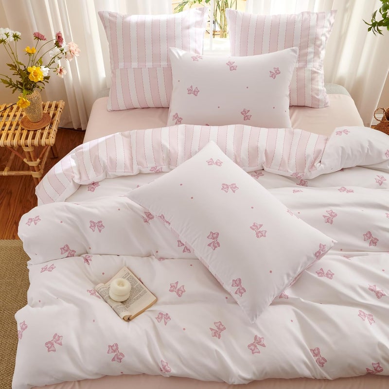 Bildenly Pink Bow Duvet Cover Queen Size White Pink Bowknot Striped Reversible Bedding Set Kids Girls Soft Breathable Microfiber Comforter Cover Set with Zipper Closure and 2 Pillowcases - Image 3