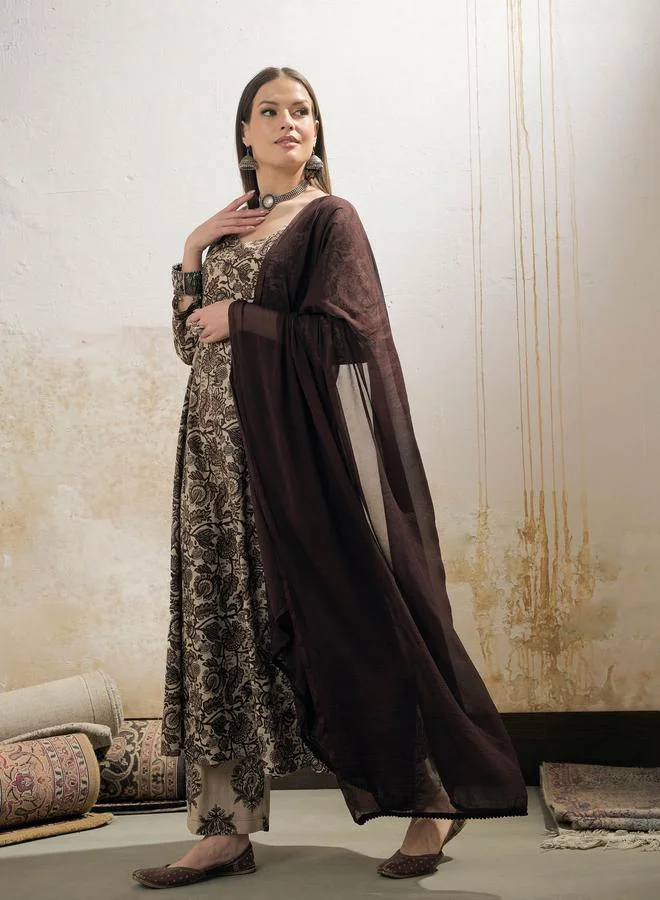 SASSAFRAS SASSAFRAS Beige Floral Anarkali Kurta with Pencil Pant and Dupatta Set