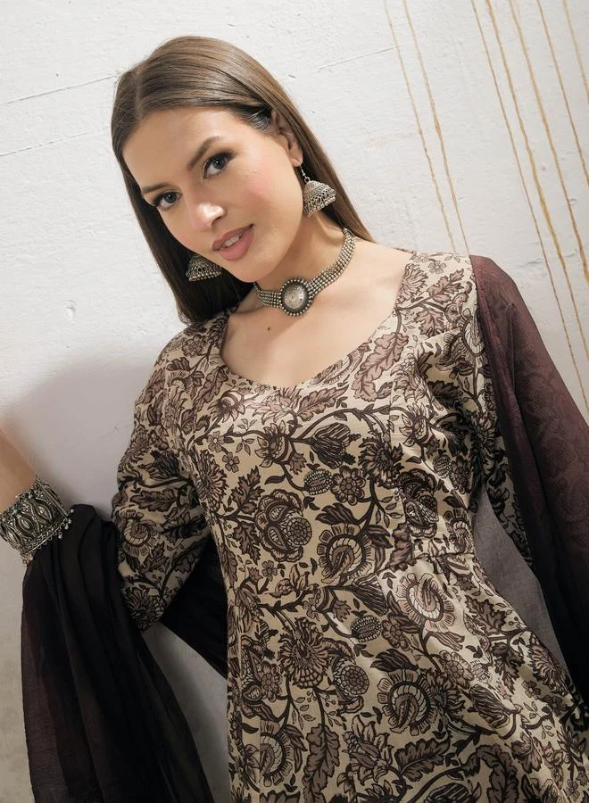 SASSAFRAS SASSAFRAS Beige Floral Anarkali Kurta with Pencil Pant and Dupatta Set