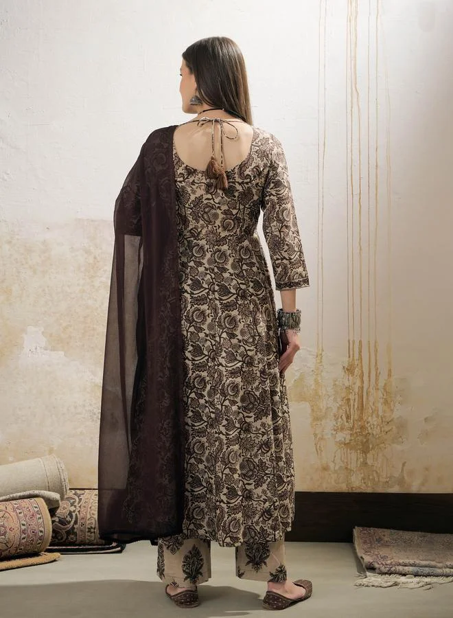 SASSAFRAS SASSAFRAS Beige Floral Anarkali Kurta with Pencil Pant and Dupatta Set