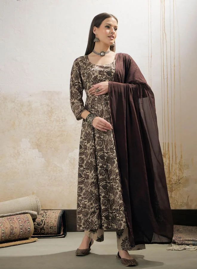 SASSAFRAS SASSAFRAS Beige Floral Anarkali Kurta with Pencil Pant and Dupatta Set