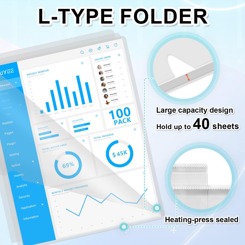 HOUYEE 100 Pack Heavy Duty Clear Document Folders, L-Type Folder Plastic Paper Sleeves Copy Safe Project Pockets Fit for 8.5" x 11" Letter Size Paper, for Home, Office, and School Use - Image 4