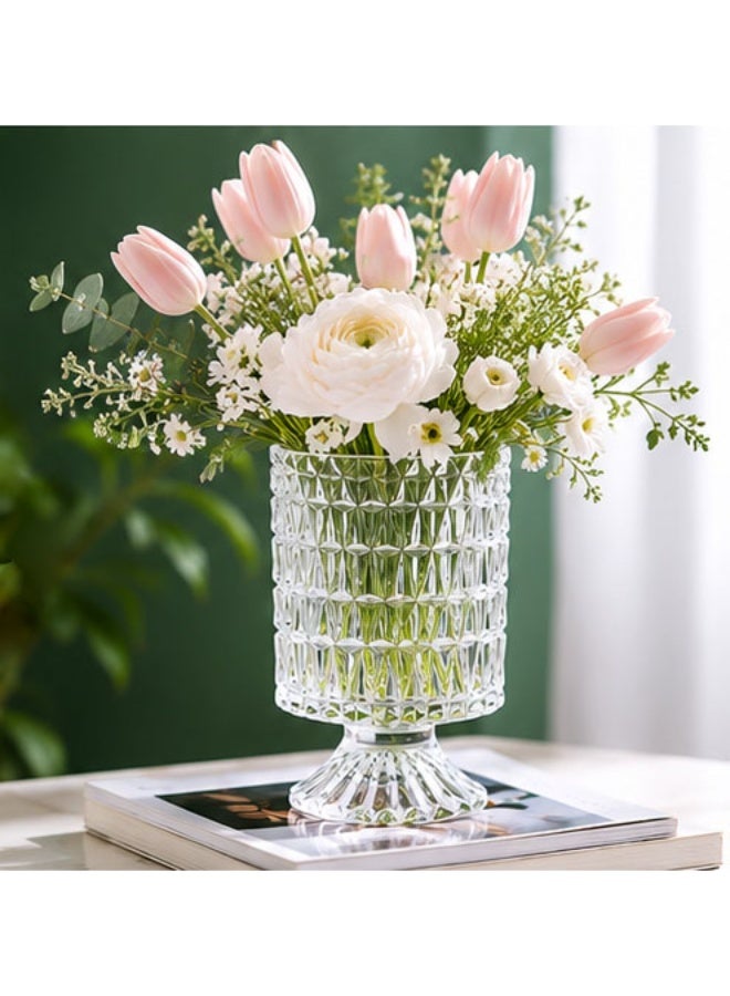 Embossed Crystal Glass Vase – Long Rhombus Pattern Pedestal Flower Vase, Transparent Hydroponic Glass Vase for Home, Wedding & Dining Table Decor - Image 3