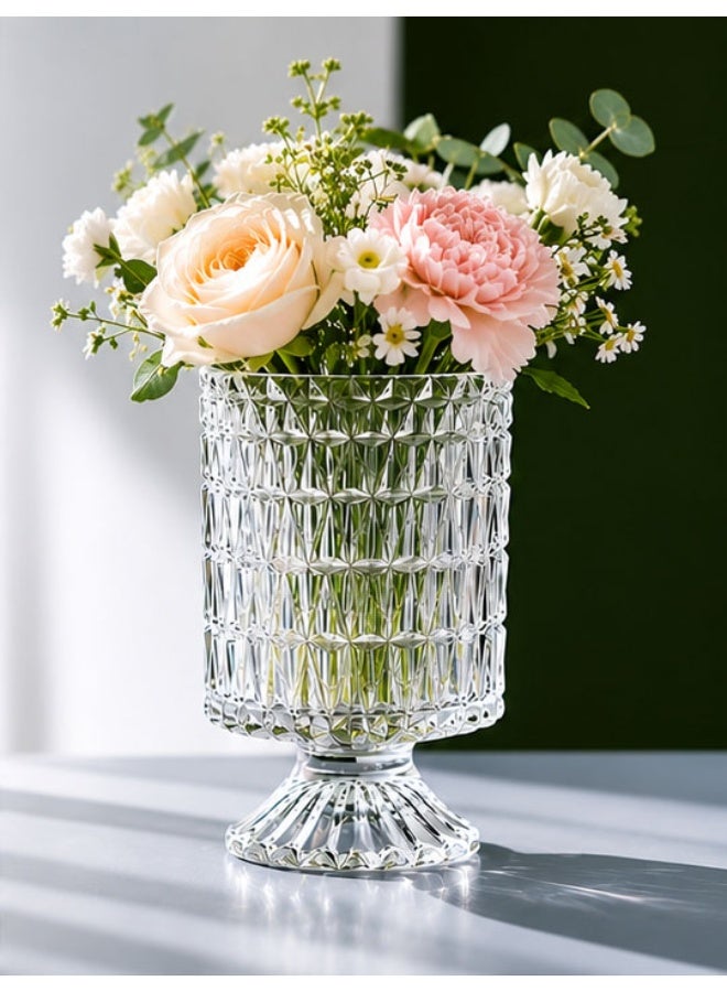 Embossed Crystal Glass Vase – Long Rhombus Pattern Pedestal Flower Vase, Transparent Hydroponic Glass Vase for Home, Wedding & Dining Table Decor - Image 1