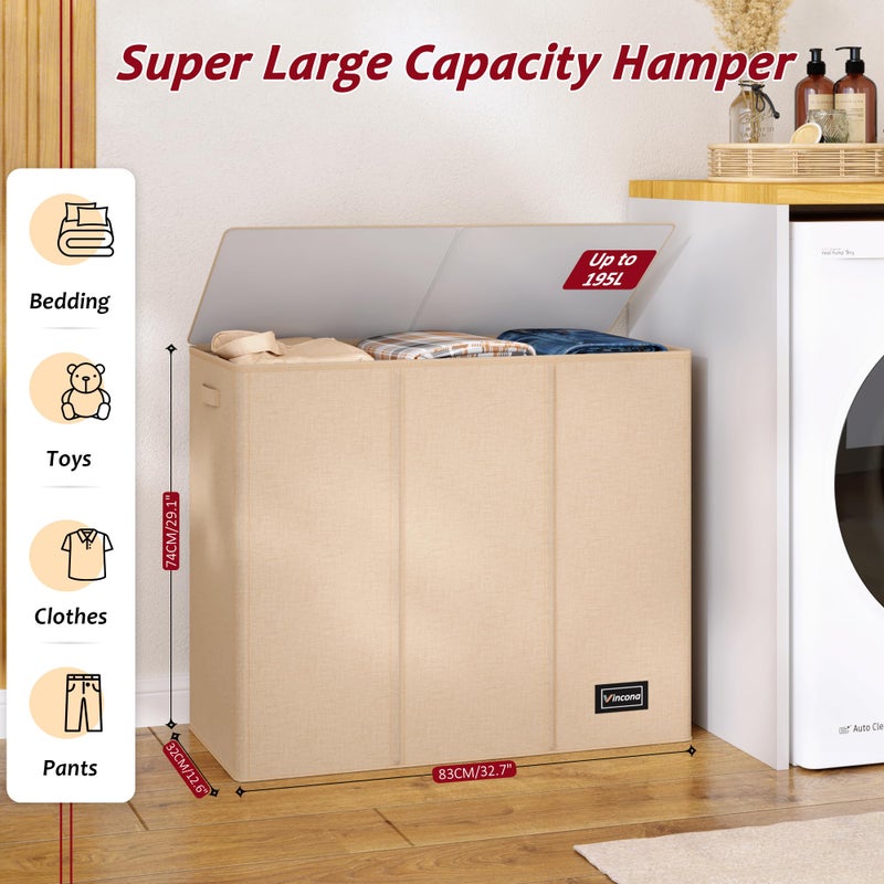 Vincona 195L Laundry Hamper 3 Section,Large Laundry Hamper with Lid,Dirty Clothes Hamper with 3 Inner Bags,Collapsible Laundry Basket Organizer for Laundry Room,Bedroom,Laundry Sorter Hamper 3 Compartment - Image 2