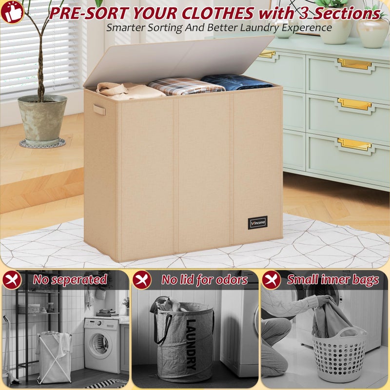 Vincona 195L Laundry Hamper 3 Section,Large Laundry Hamper with Lid,Dirty Clothes Hamper with 3 Inner Bags,Collapsible Laundry Basket Organizer for Laundry Room,Bedroom,Laundry Sorter Hamper 3 Compartment - Image 3