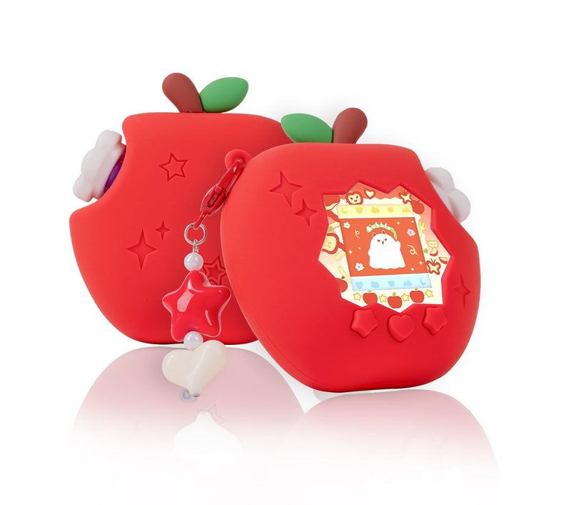 BUBBLELOGUS Apple Case for Tamagotchi Paradise, 4-iaradisen-1 Shockproof Silicone Protective Cover Kit with Faceplate, Flower Dial Cap & Charm, Kawaii Accessories for Girls & Adults (RED) - Image 1