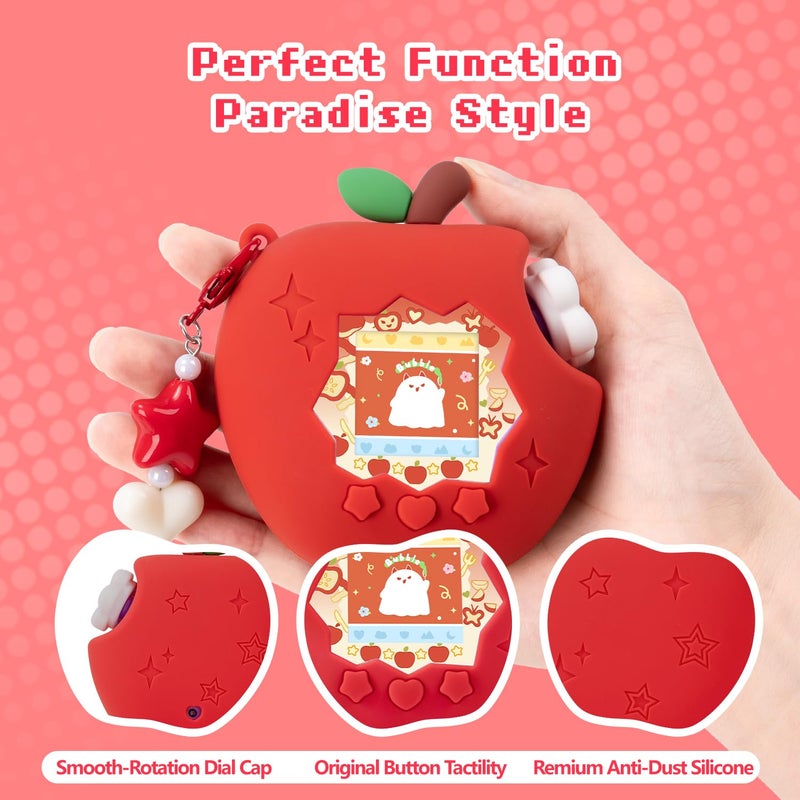 BUBBLELOGUS Apple Case for Tamagotchi Paradise, 4-iaradisen-1 Shockproof Silicone Protective Cover Kit with Faceplate, Flower Dial Cap & Charm, Kawaii Accessories for Girls & Adults (RED) - Image 2
