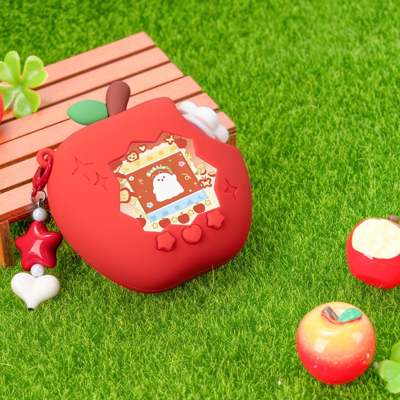 BUBBLELOGUS Apple Case for Tamagotchi Paradise, 4-iaradisen-1 Shockproof Silicone Protective Cover Kit with Faceplate, Flower Dial Cap & Charm, Kawaii Accessories for Girls & Adults (RED) - Image 5