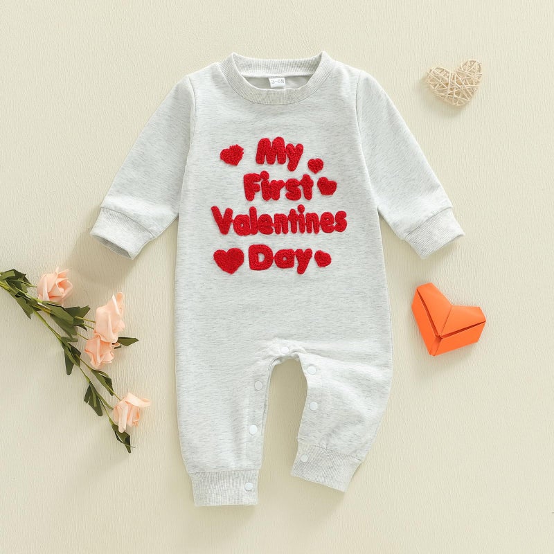 LouVasabuce My First Valentines Day Baby Clothes Outfits Letter Heart Embroidery Romper Jumpsuit Newborn Girl Boy Clothing (Gray, 3-6 Months) - Image 5